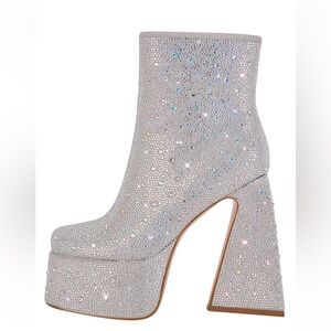 Rhinestone Square Toe Chunky Heel Platform Ankle Boots
